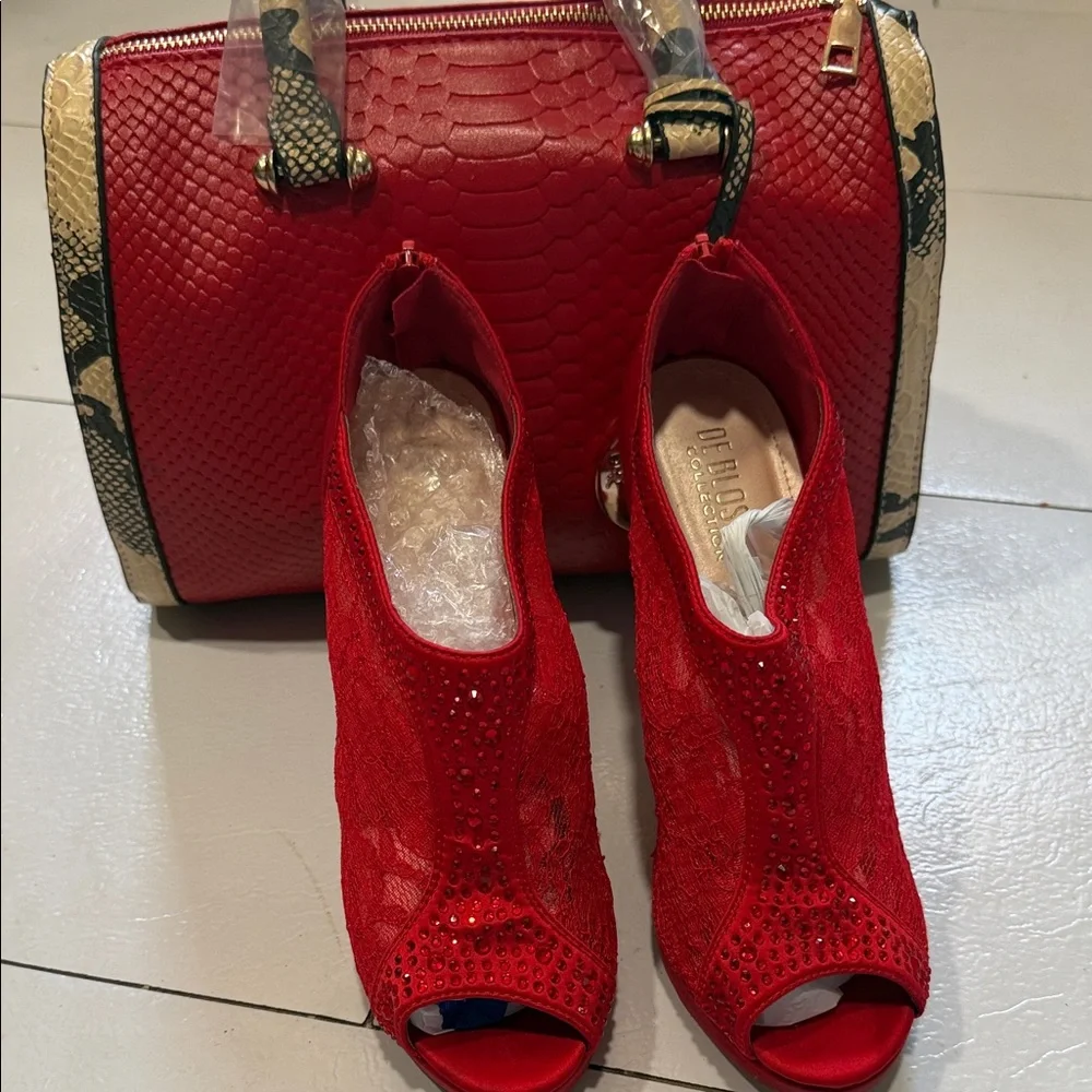Red Croc-Embossed‎ Handbag and Lace Heels Set